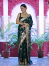 Banarasee Handloom Soft Silk Saree With Trishul Design Ganga Ghat Border & Lace-Green
