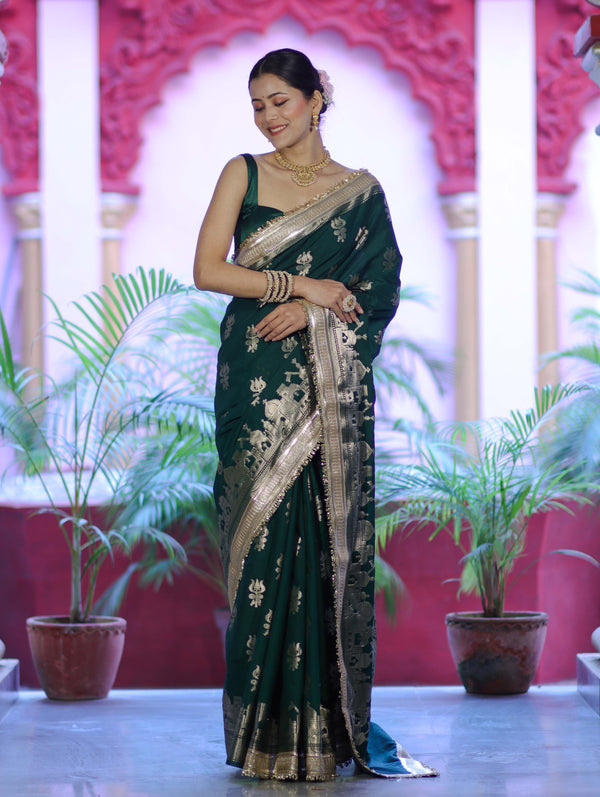 Banarasee Handloom Soft Silk Saree With Trishul Design Ganga Ghat Border & Lace-Green