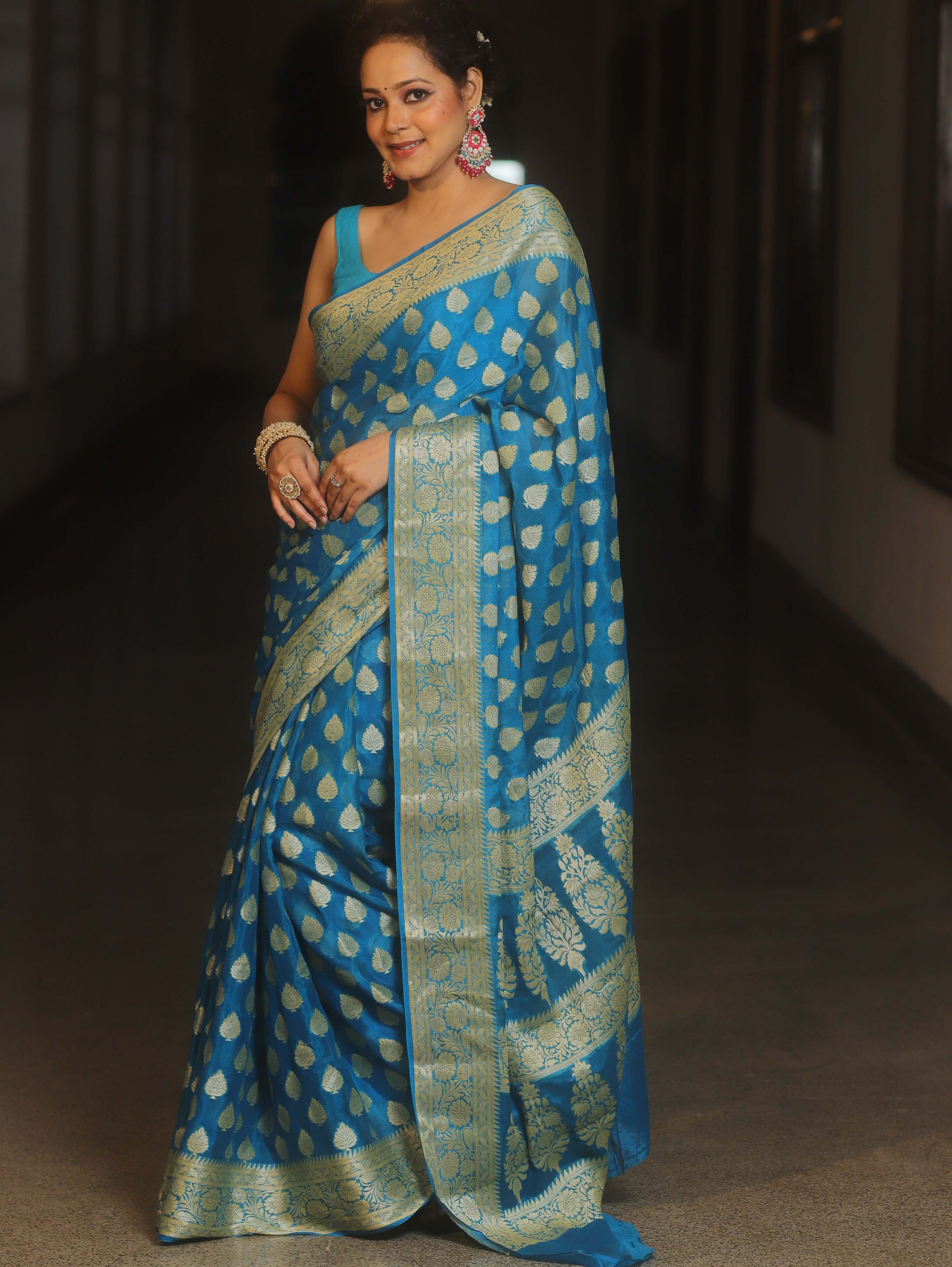 Banarasee Pure Chiffon Saree With Resham Zari Work-Blue