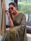 Banarasee Handwoven Semi Silk Saree With Zari Jaal Design & Border-Green(Dual Tone)
