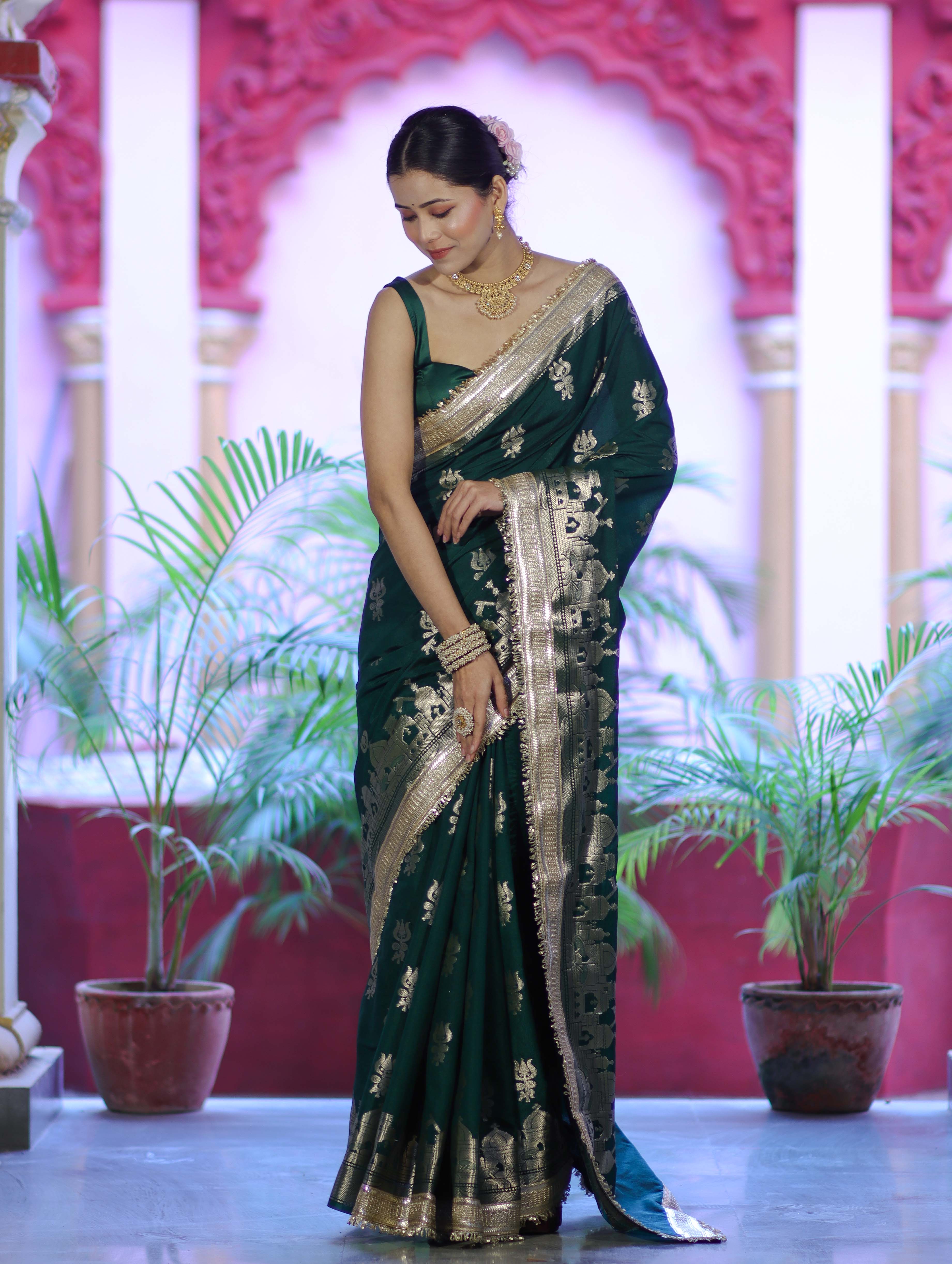 Banarasee Handloom Soft Silk Saree With Trishul Design Ganga Ghat Border & Lace-Green