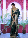 Banarasee Handloom Soft Silk Saree With Trishul Design Ganga Ghat Border & Lace-Green
