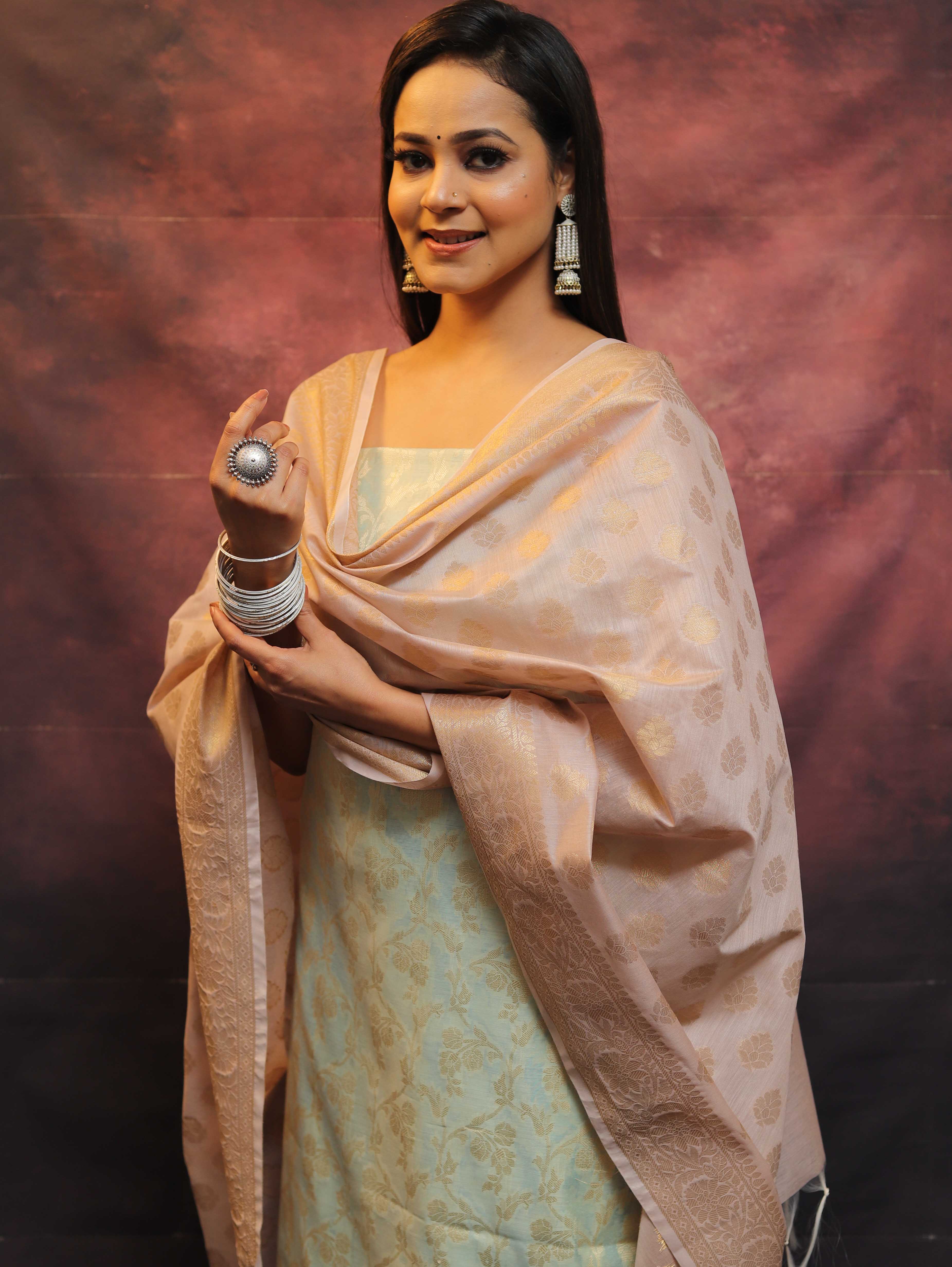 Banarasee Chanderi Cotton Salwar Kameez Set With Zari Work-Blue & Pink
