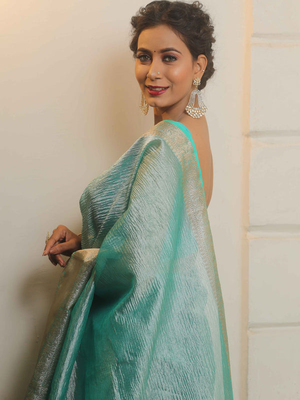 Banarasee Handwoven Crushed Tissue Saree-Blue