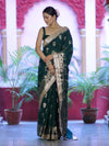 Banarasee Handloom Soft Silk Saree With Trishul Design Ganga Ghat Border & Lace-Green