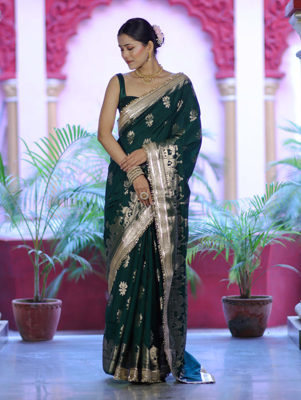 Banarasee Handloom Soft Silk Saree With Trishul Design Ganga Ghat Border & Lace-Green