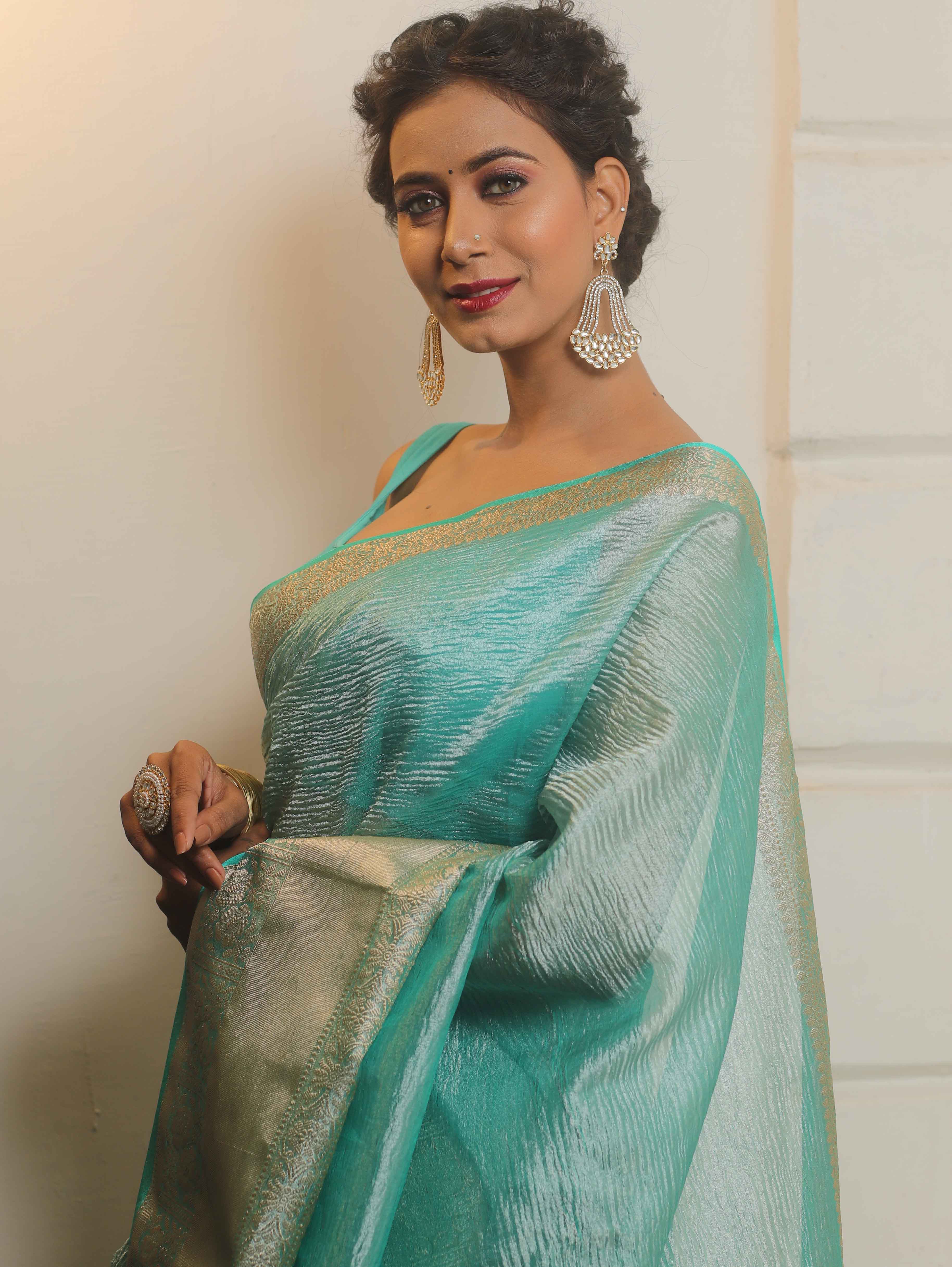 Banarasee Handwoven Crushed Tissue Saree-Blue
