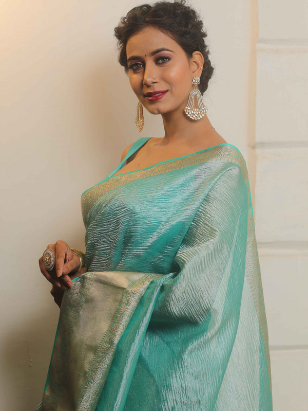 Banarasee Handwoven Crushed Tissue Saree-Blue