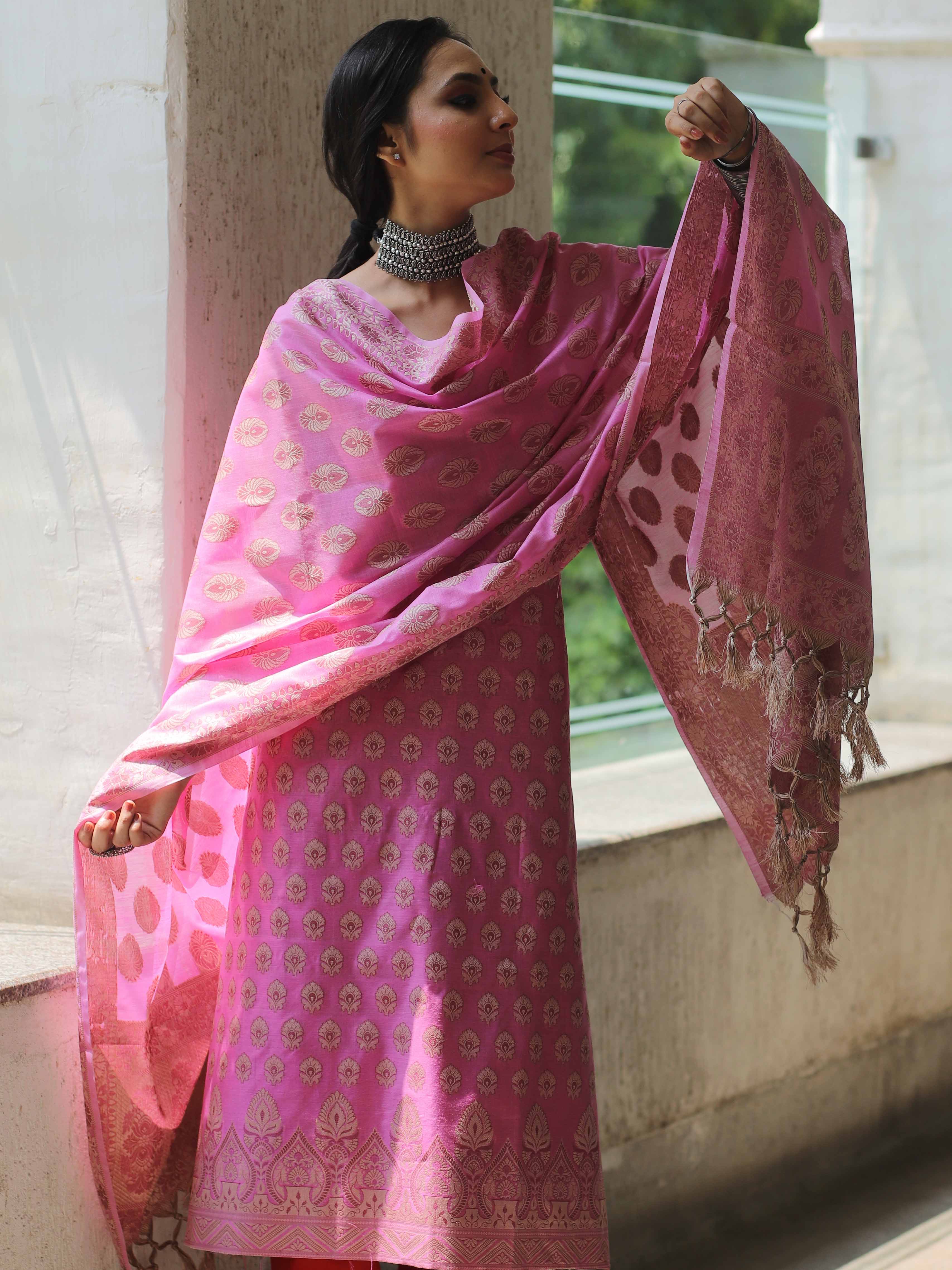 Banarasee Salwar Kameez Cotton Silk Resham Buti Woven Fabric-Pink