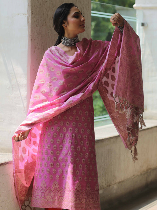 Banarasee Salwar Kameez Cotton Silk Resham Buti Woven Fabric-Pink