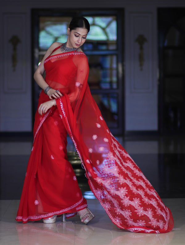 Banarasee Handwoven Georgette Saree With Chikankari Work-Red