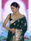 Banarasee Handloom Soft Silk Saree With Trishul Design Ganga Ghat Border & Lace-Green