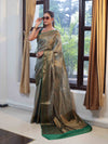 Banarasee Handwoven Semi Silk Saree With Zari Jaal Design & Border-Green(Dual Tone)