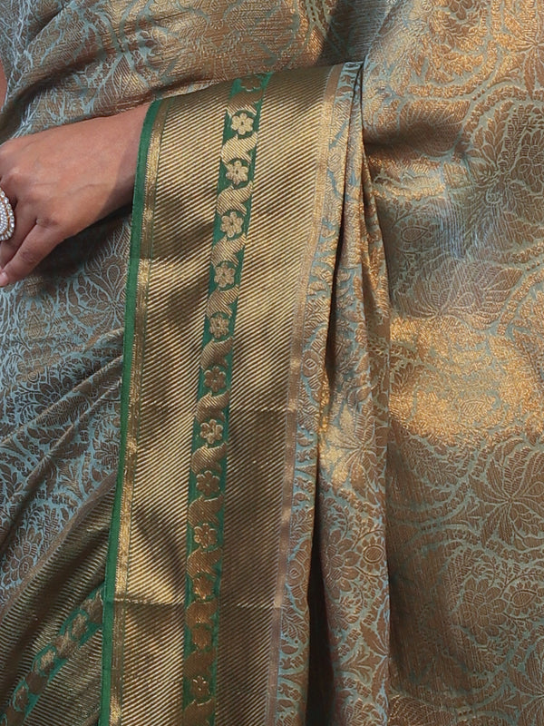 Banarasee Handwoven Semi Silk Saree With Zari Jaal Design & Border-Green(Dual Tone)