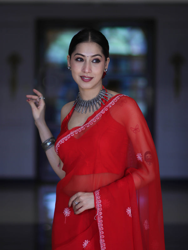 Banarasee Handwoven Georgette Saree With Chikankari Work-Red