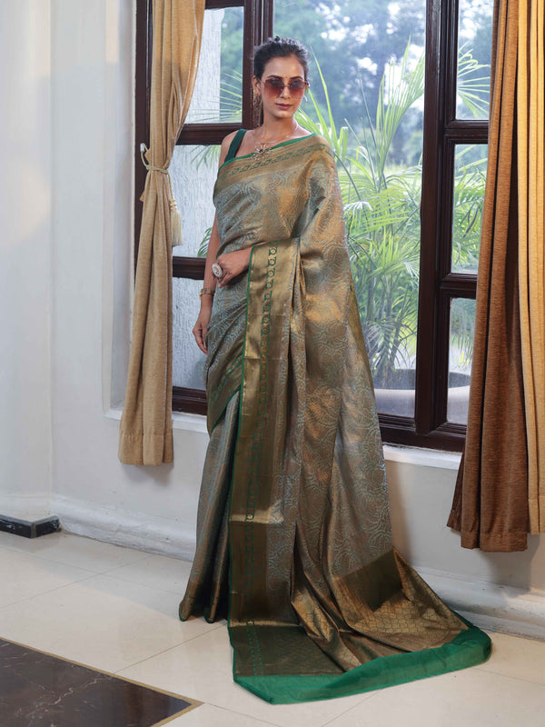 Banarasee Handwoven Semi Silk Saree With Zari Jaal Design & Border-Green(Dual Tone)