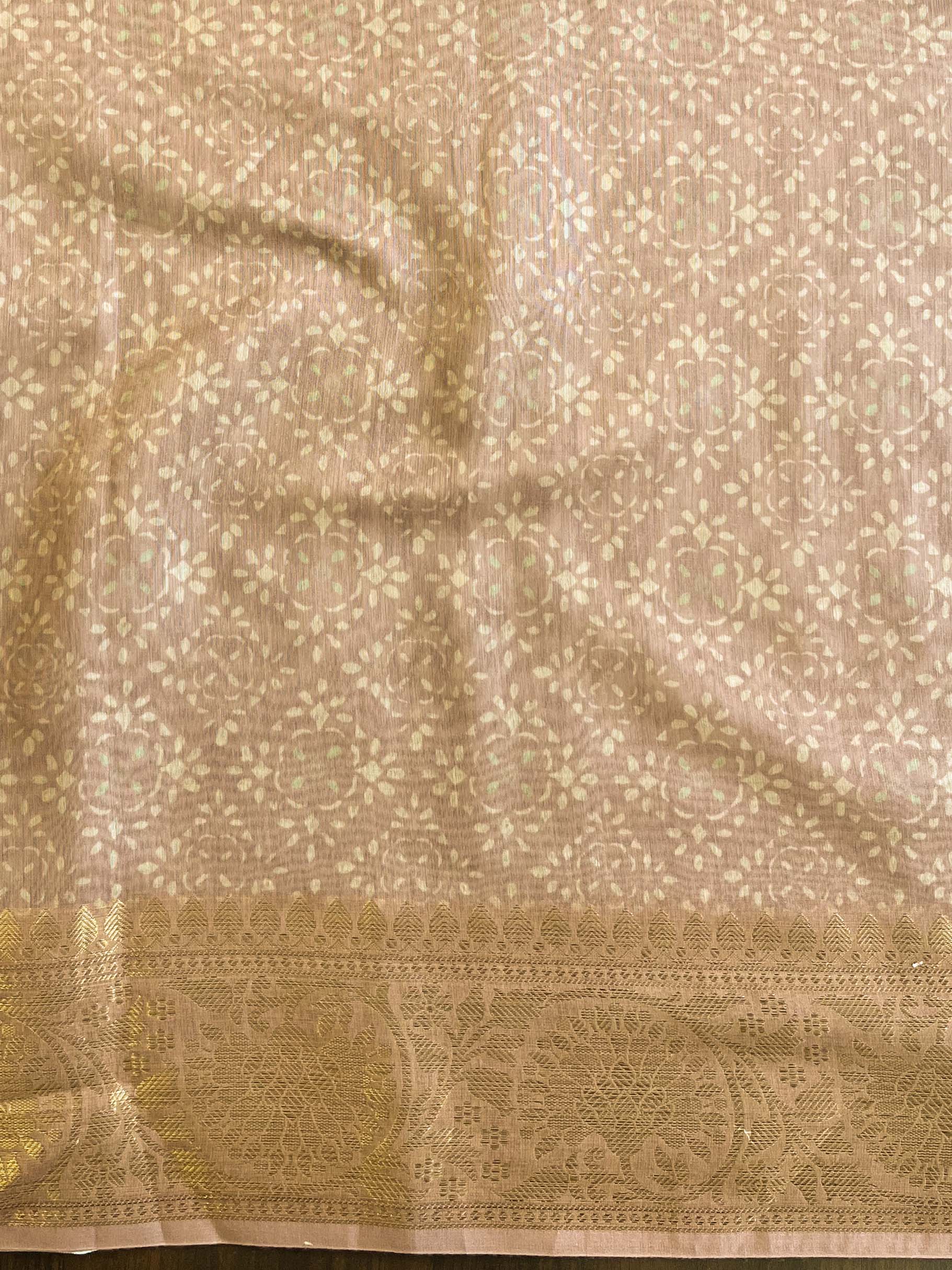 Banarasee Handloom Chanderi Digital Print Saree With Antique Zari Design-Brown