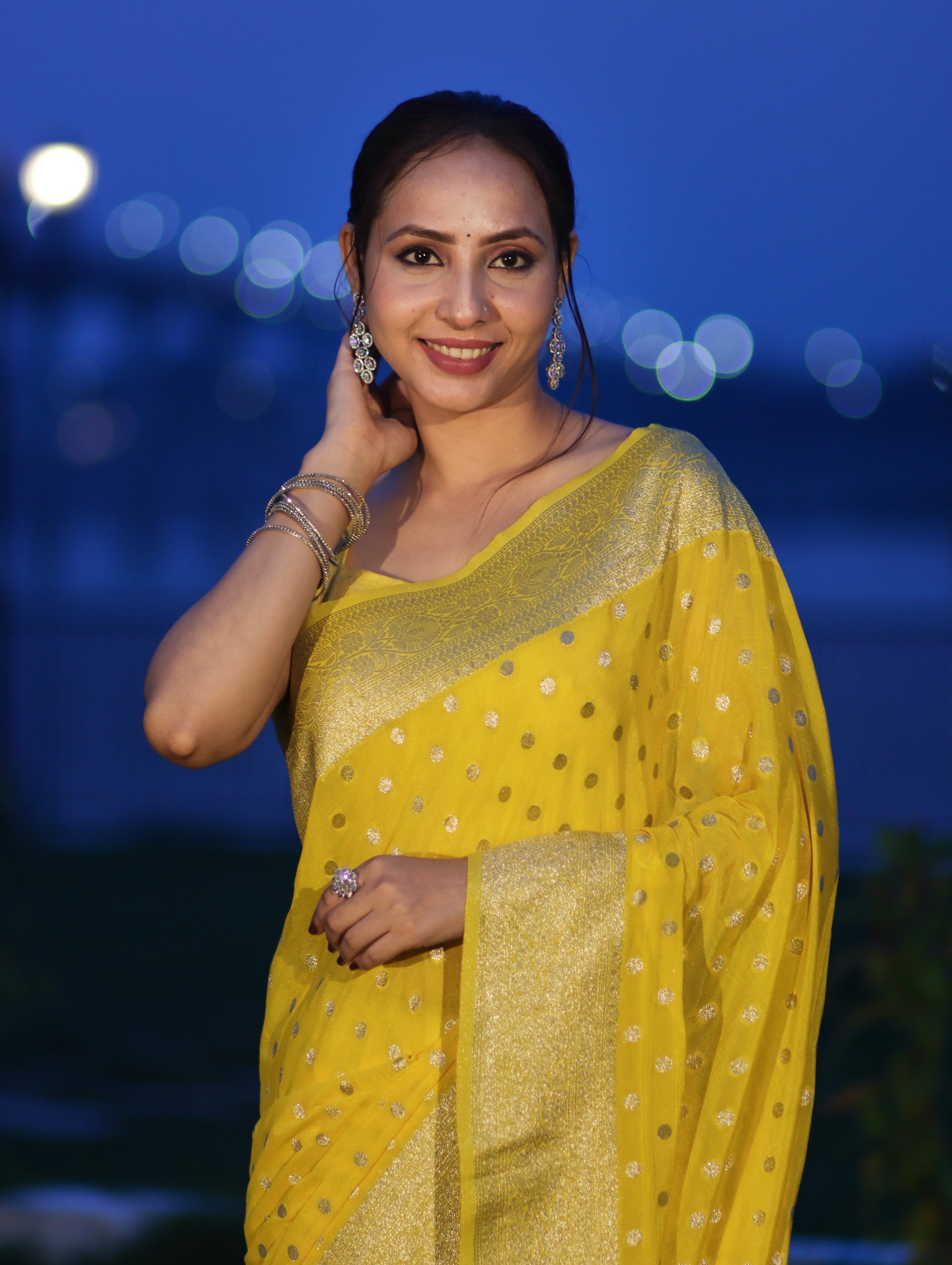 Banarasee Handwoven Chiffon Saree With Polka Dots Design & Border-Yellow