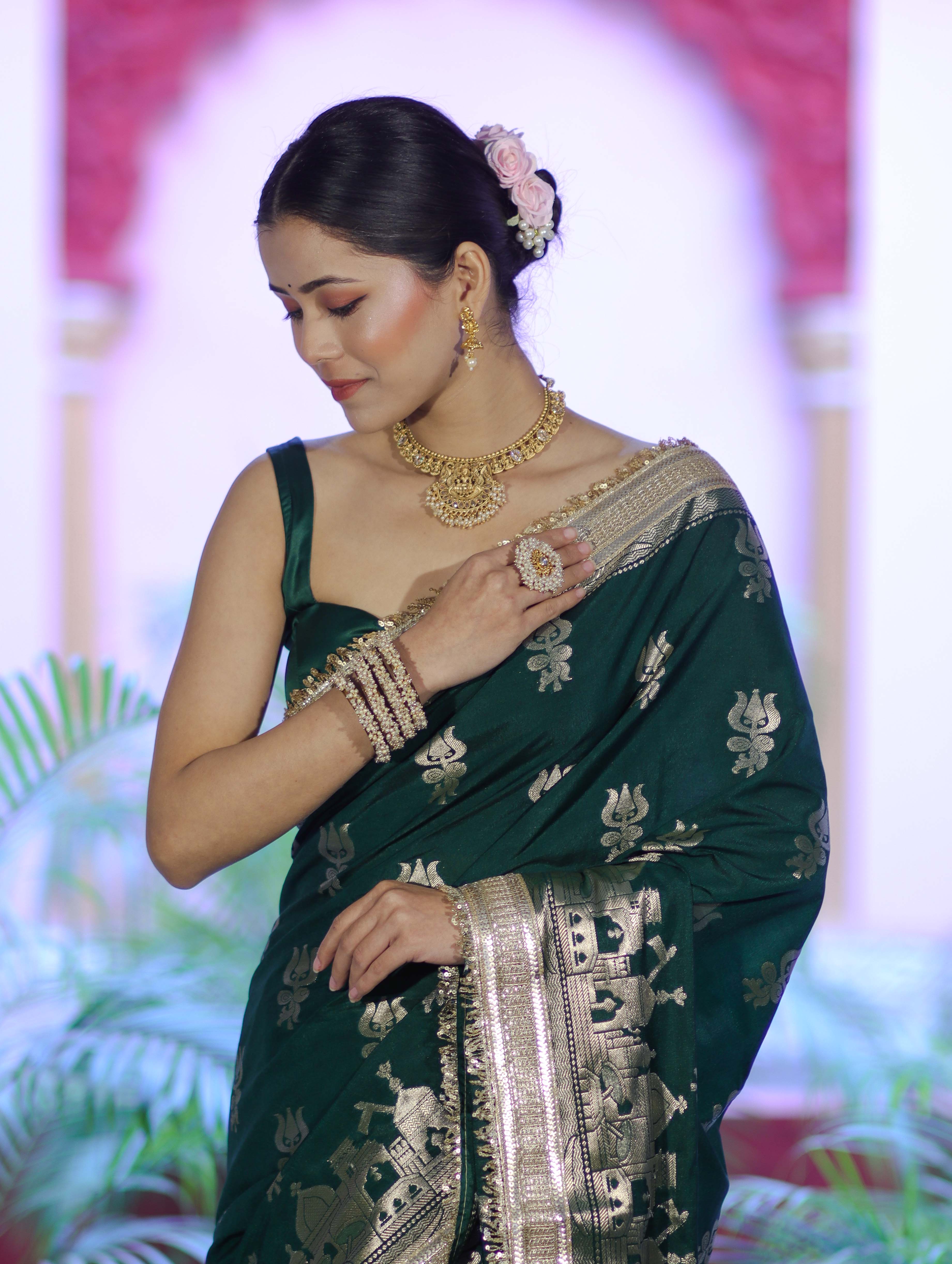 Banarasee Handloom Soft Silk Saree With Trishul Design Ganga Ghat Border & Lace-Green