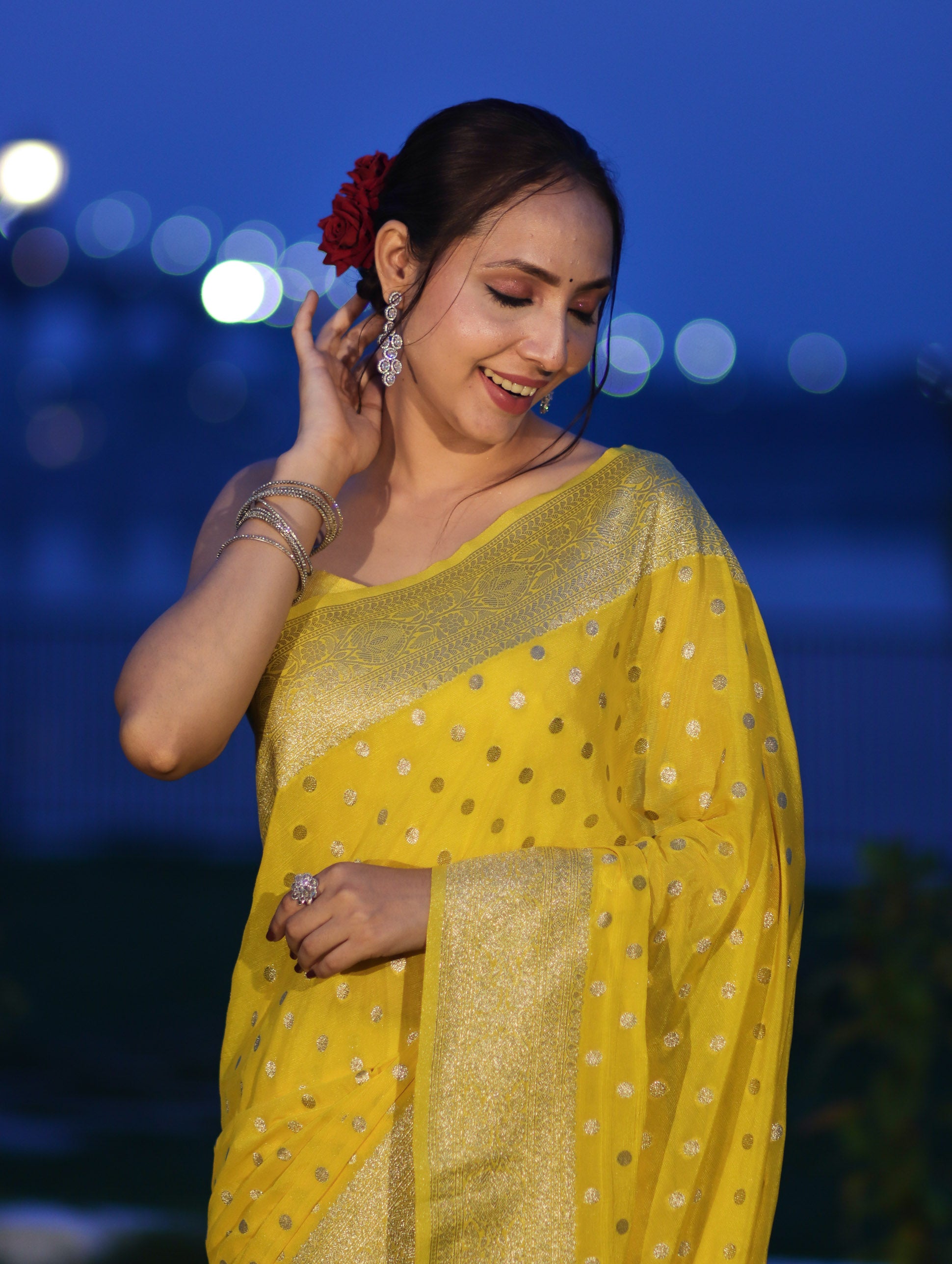Banarasee Handwoven Chiffon Saree With Polka Dots Design & Border-Yellow