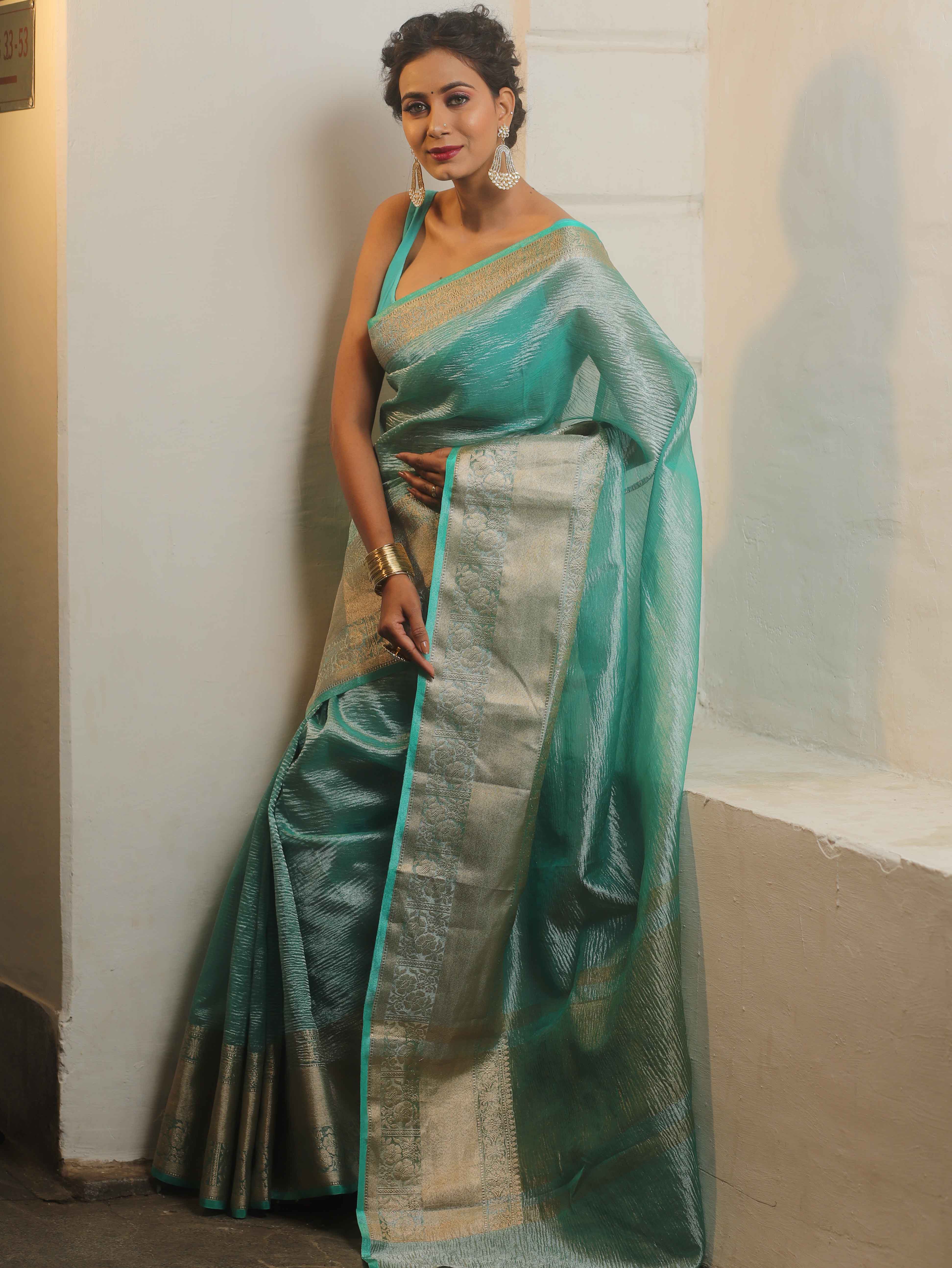 Banarasee Handwoven Crushed Tissue Saree-Blue