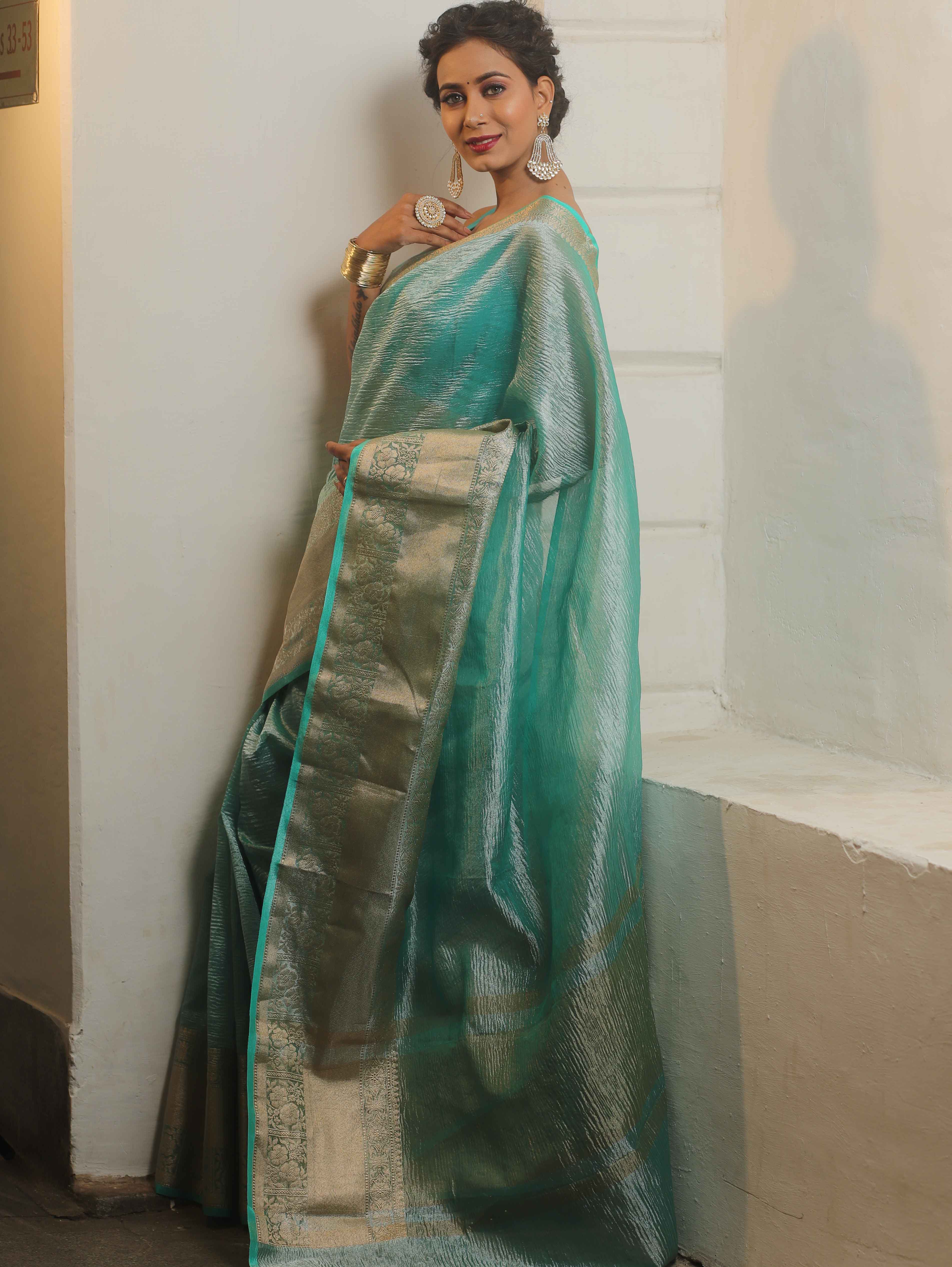 Banarasee Handwoven Crushed Tissue Saree-Blue