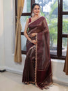Banarasee Soft Tissue Saree With Stripes Design & Lace-Burgundy