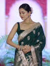 Banarasee Handloom Soft Silk Saree With Trishul Design Ganga Ghat Border & Lace-Green
