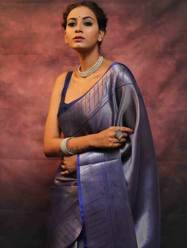 Banarasee Handwoven Tissue Silver Zari Saree-Blue