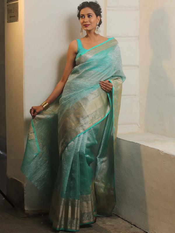 Banarasee Handwoven Crushed Tissue Saree-Blue