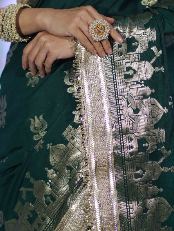 Banarasee Handloom Soft Silk Saree With Trishul Design Ganga Ghat Border & Lace-Green