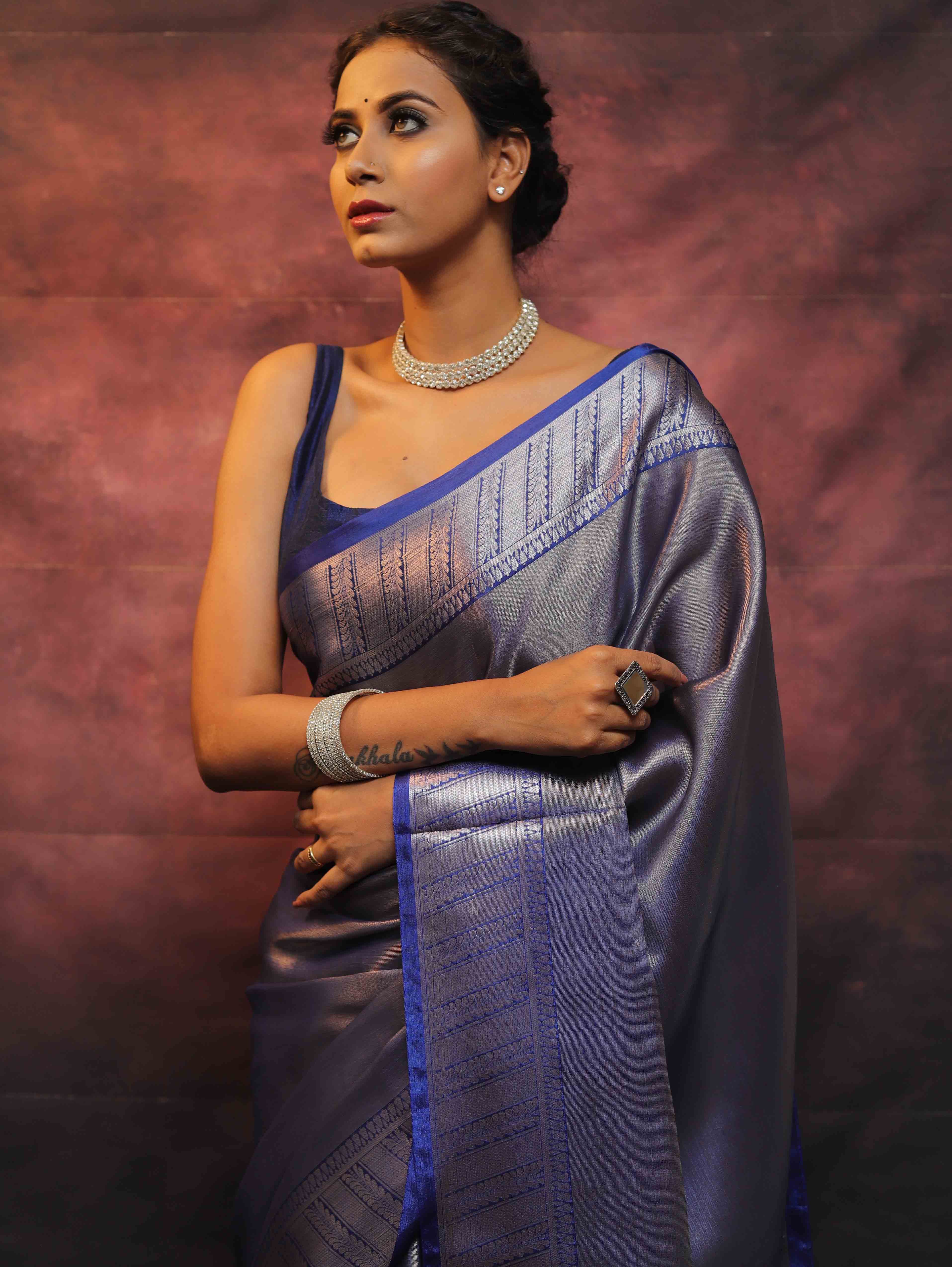 Banarasee Handwoven Tissue Silver Zari Saree-Blue