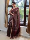Banarasee Soft Tissue Saree With Stripes Design & Lace-Burgundy