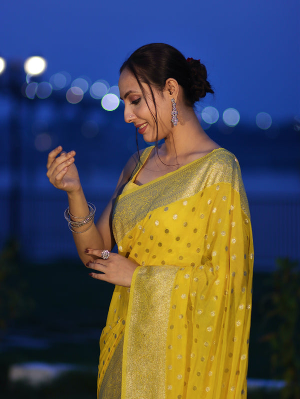 Banarasee Handwoven Chiffon Saree With Polka Dots Design & Border-Yellow