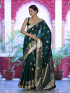 Banarasee Handloom Soft Silk Saree With Trishul Design Ganga Ghat Border & Lace-Green