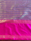 Banarasee Handwoven Semi Silk Saree With Stripes Design & Solid Border-Sea Green & Pink