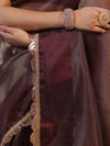 Banarasee Soft Tissue Saree With Stripes Design & Lace-Burgundy