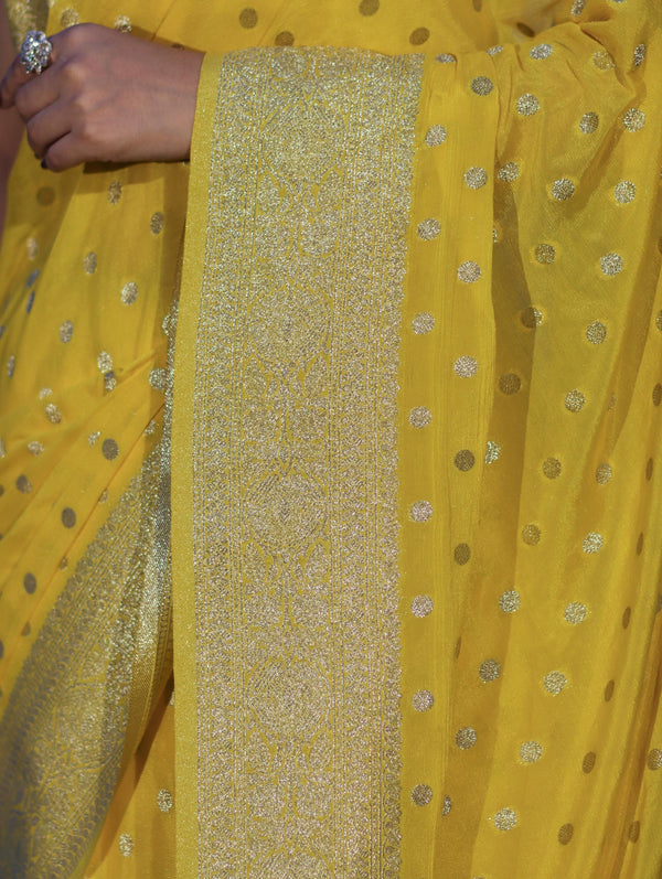 Banarasee Handwoven Chiffon Saree With Polka Dots Design & Border-Yellow