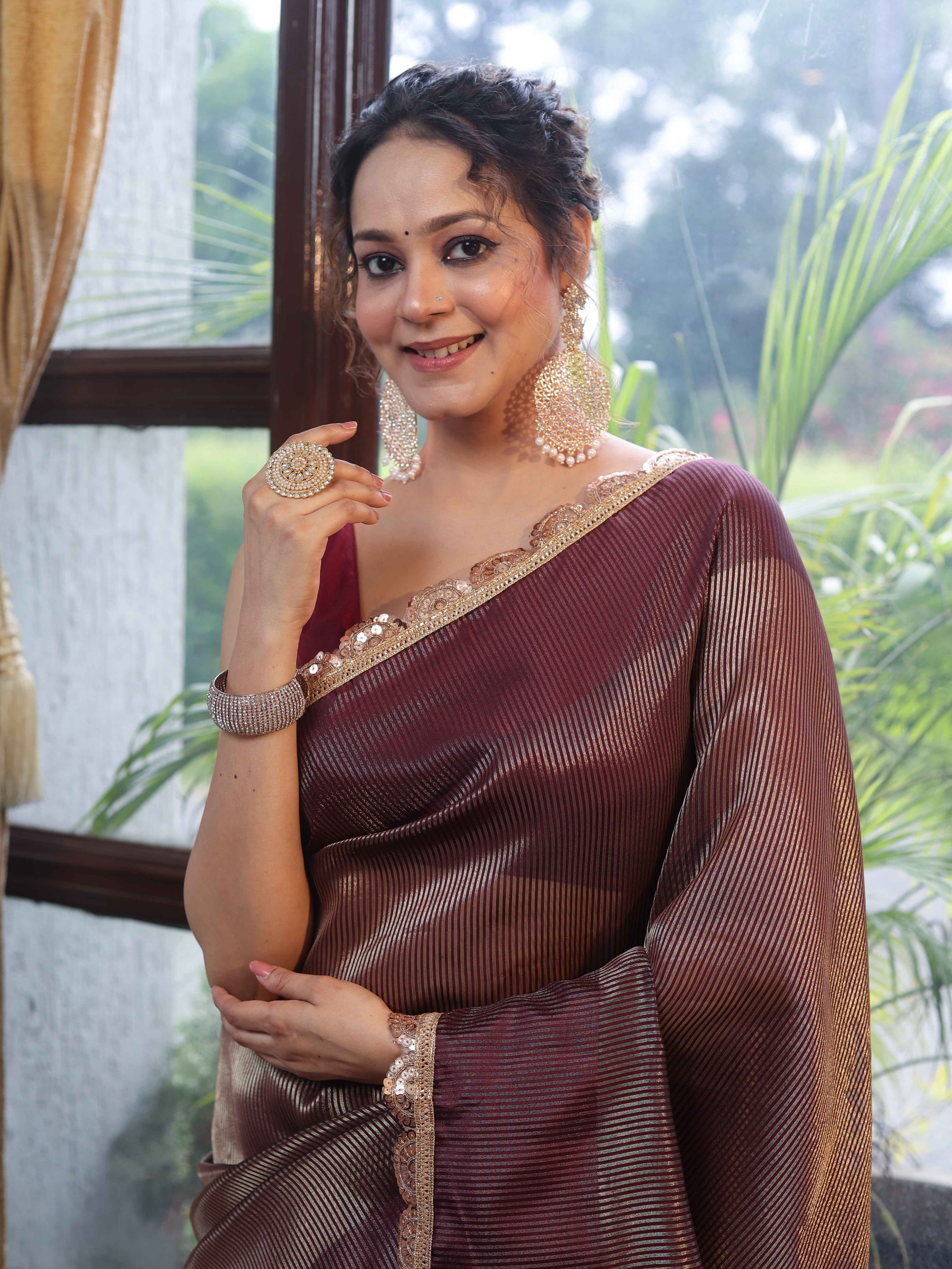 Banarasee Soft Tissue Saree With Stripes Design & Lace-Burgundy