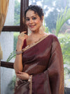 Banarasee Soft Tissue Saree With Stripes Design & Lace-Burgundy