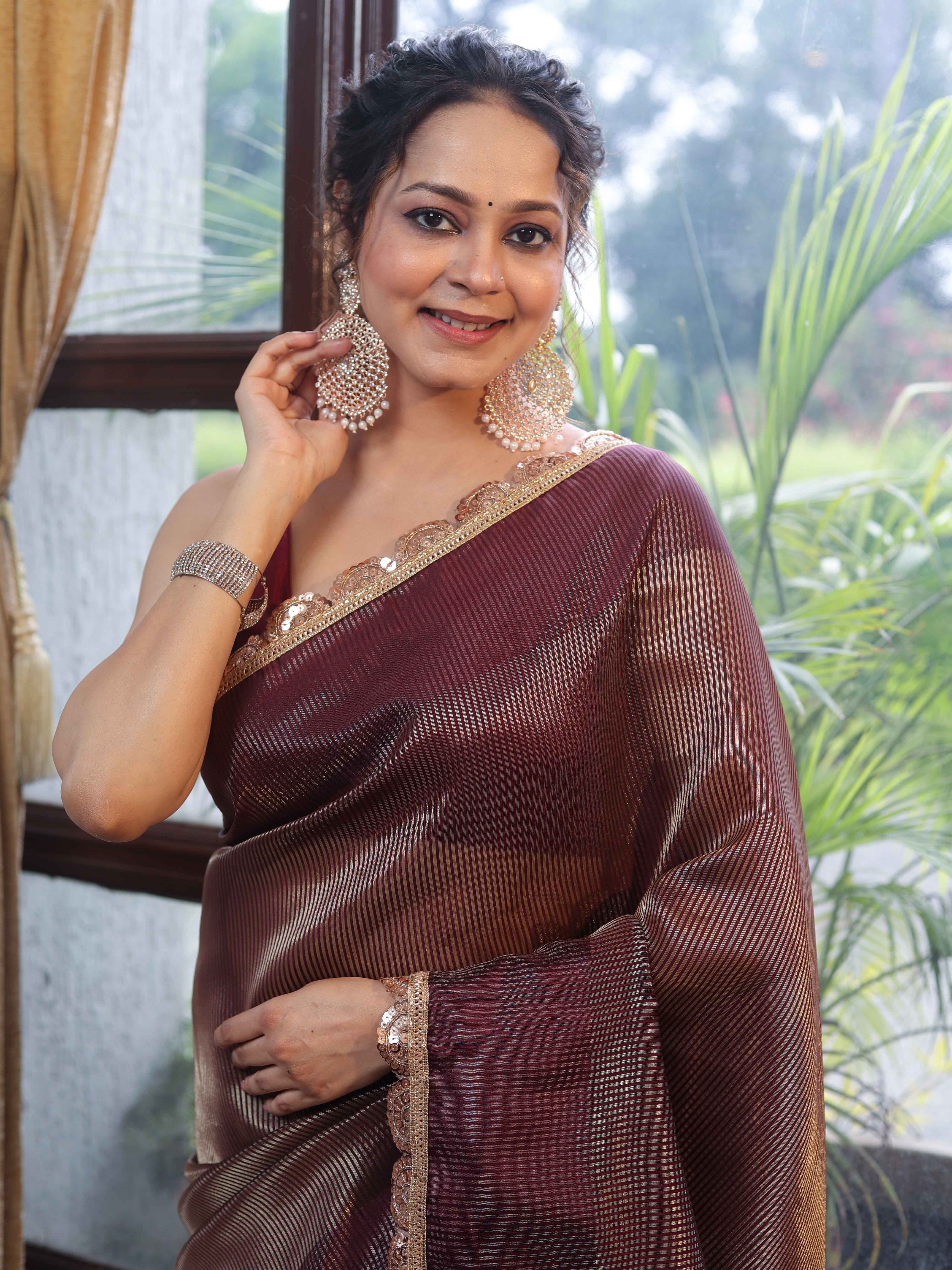 Banarasee Soft Tissue Saree With Stripes Design & Lace-Burgundy