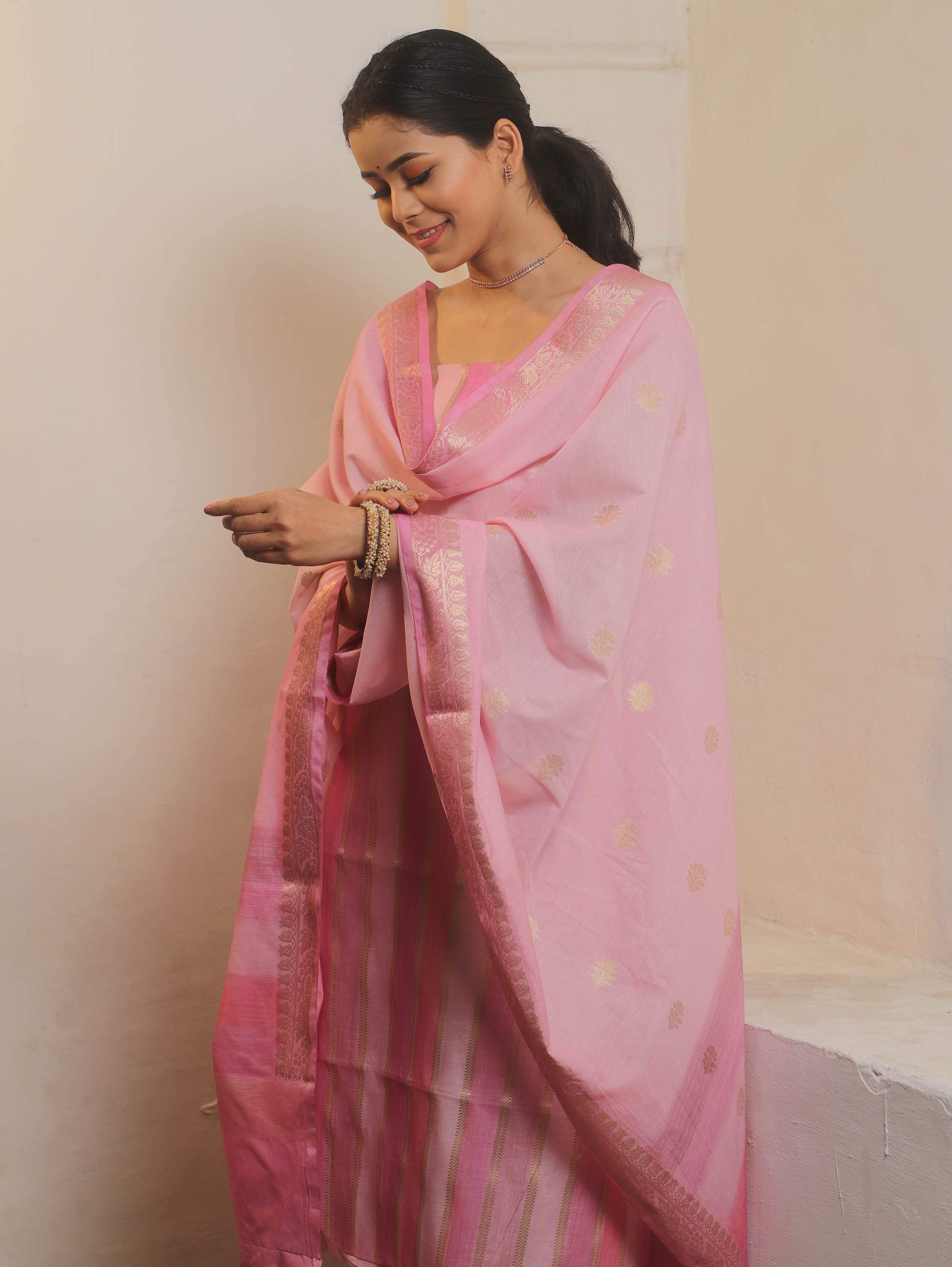 Banarasee Handloom Chanderi Cotton Zari Work Salwar Kameez Fabric With Dupatta Set-Pink