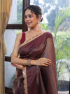 Banarasee Soft Tissue Saree With Stripes Design & Lace-Burgundy