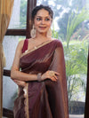 Banarasee Soft Tissue Saree With Stripes Design & Lace-Burgundy