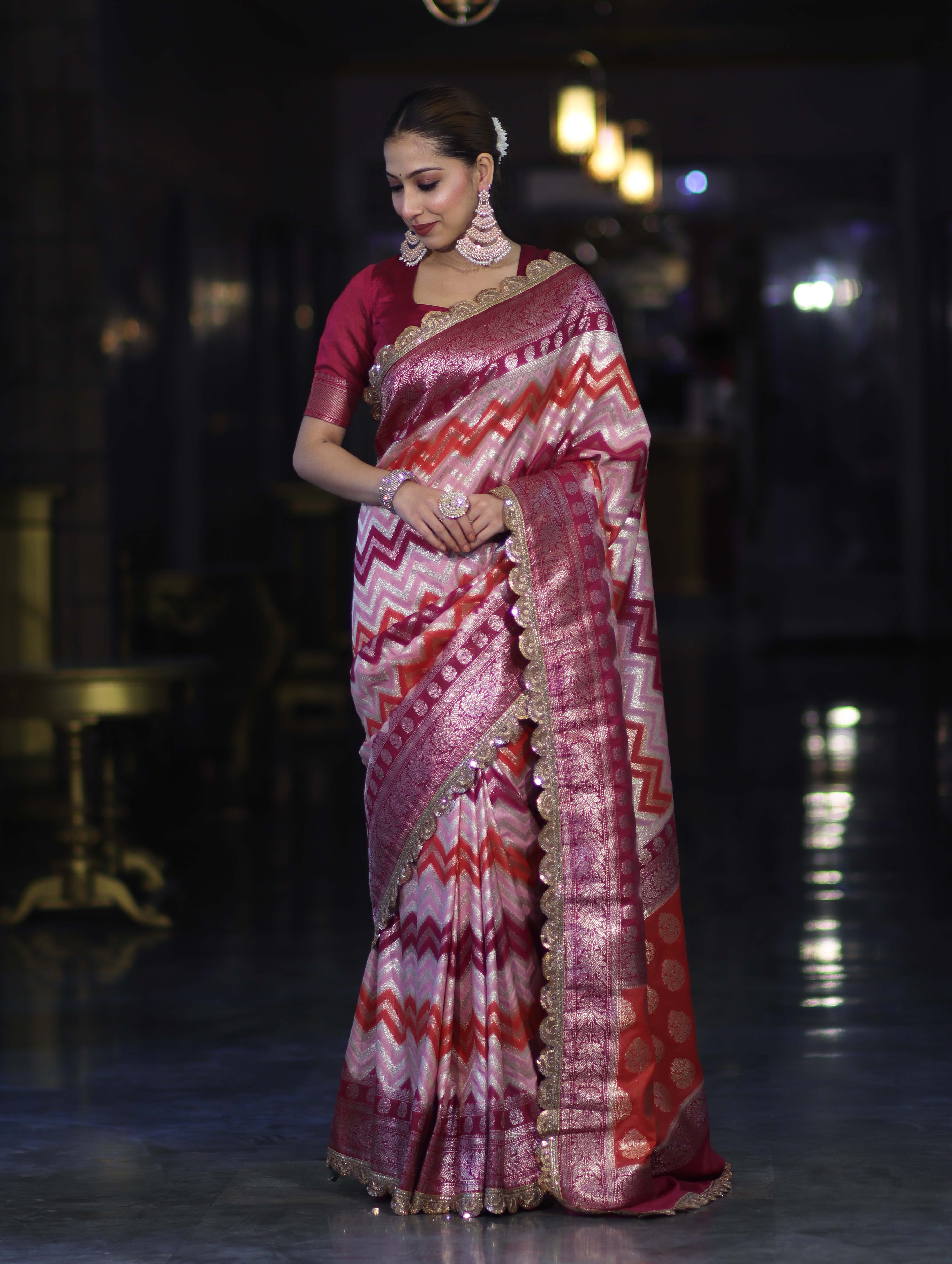 Banarasee Handwoven Faux Georgette Saree With Zigzag Pattern Zari Design Border & Lace-Multicolor