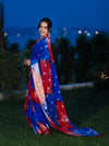 Banarasee Handwoven Semi-Chiffon Shibori Dyed Saree With Zari Work-Blue & Red