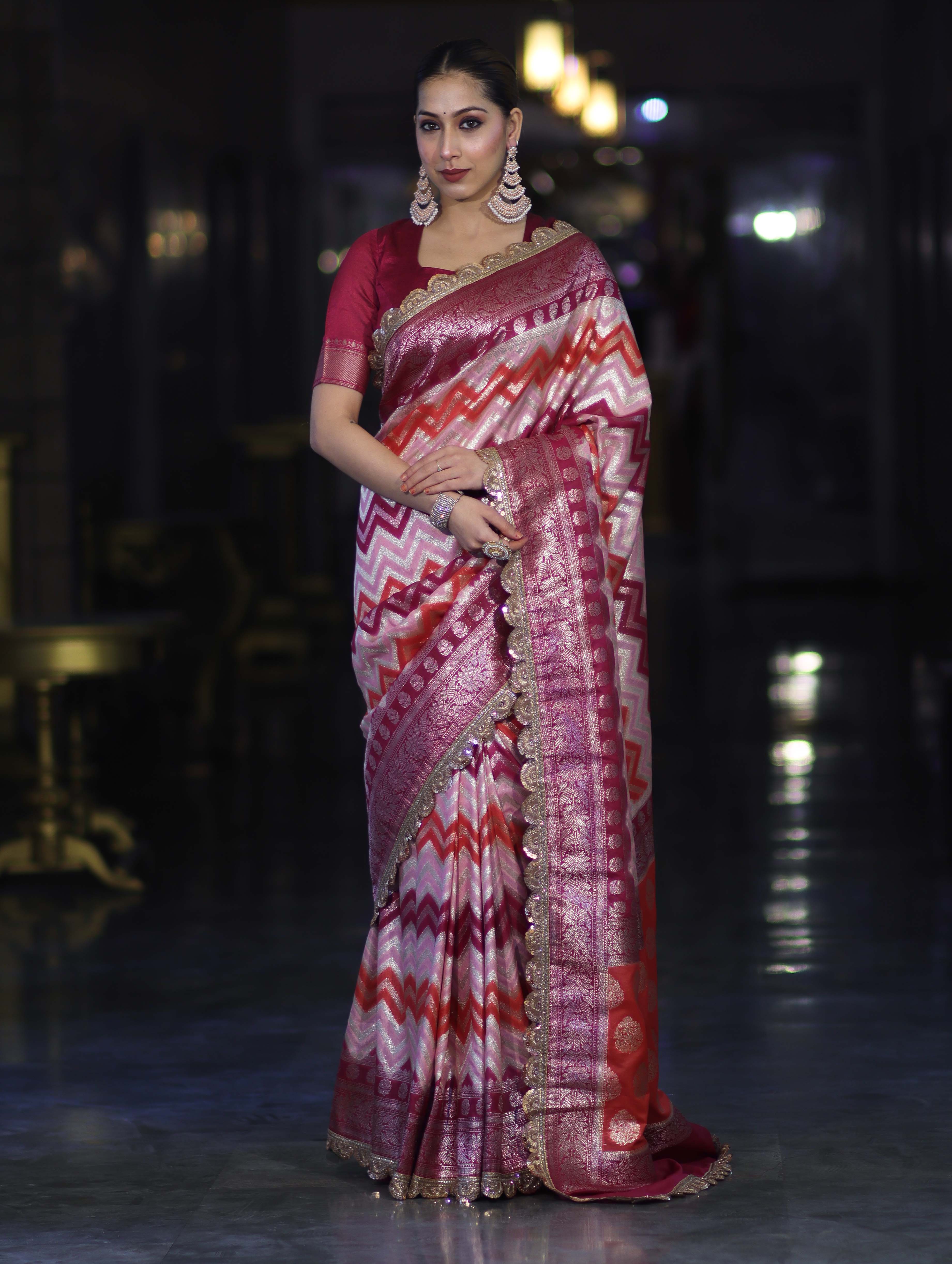 Banarasee Handwoven Faux Georgette Saree With Zigzag Pattern Zari Design Border & Lace-Multicolor