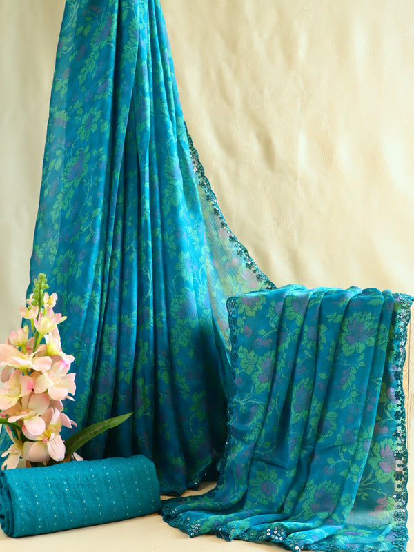 Banarasee Chiffon Floral Print Saree & Hand Work With Scallop Border-Green