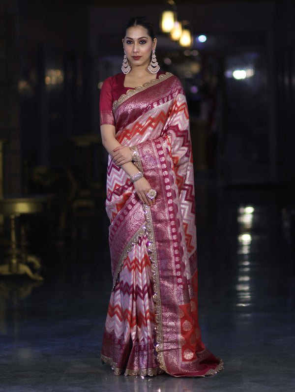 Banarasee Handwoven Faux Georgette Saree With Zigzag Pattern Zari Design Border & Lace-Multicolor