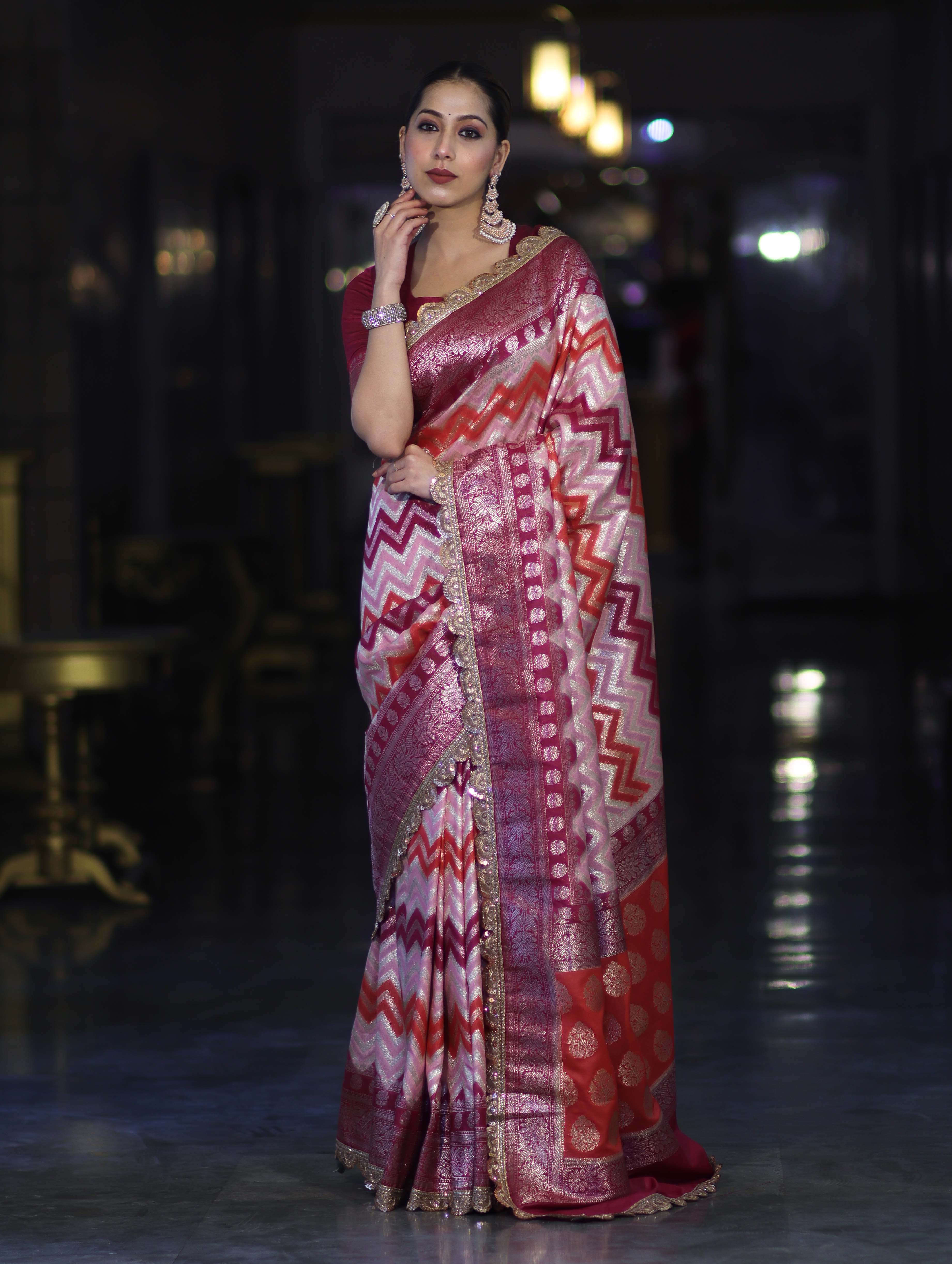 Banarasee Handwoven Faux Georgette Saree With Zigzag Pattern Zari Design Border & Lace-Multicolor